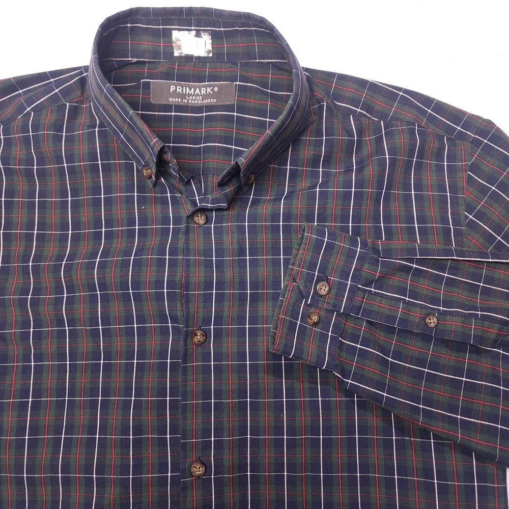 Primark Shirt Mens Large Blue Plaid Long Sleeve Button Down‎ Casual